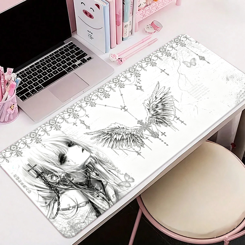 Gaming Accessories Aesthetic - レザーマウスパッド黒白アニメ美学エンジェルガールマウスパッドオフィスアクセサリーPCゲームキーボードEスポーツHDデスクマット